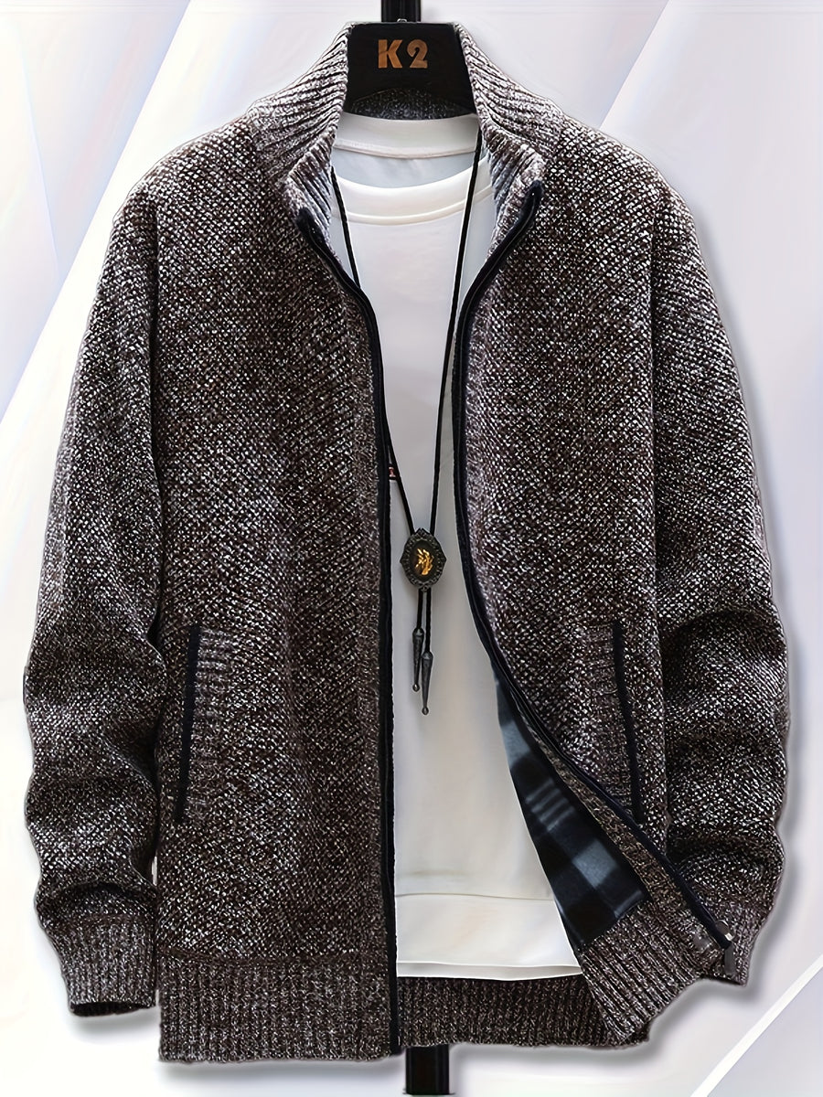 1pc Single Piece Men'S Autumn And Winter Stand Up Collar Knitted Sweater Jacket, Autumn And Winter Knitted Sweater Zipper Cardigan, Casual Thick Warm Sweater Jacket (Solely Includes 1 Jacket) - Coffee Color