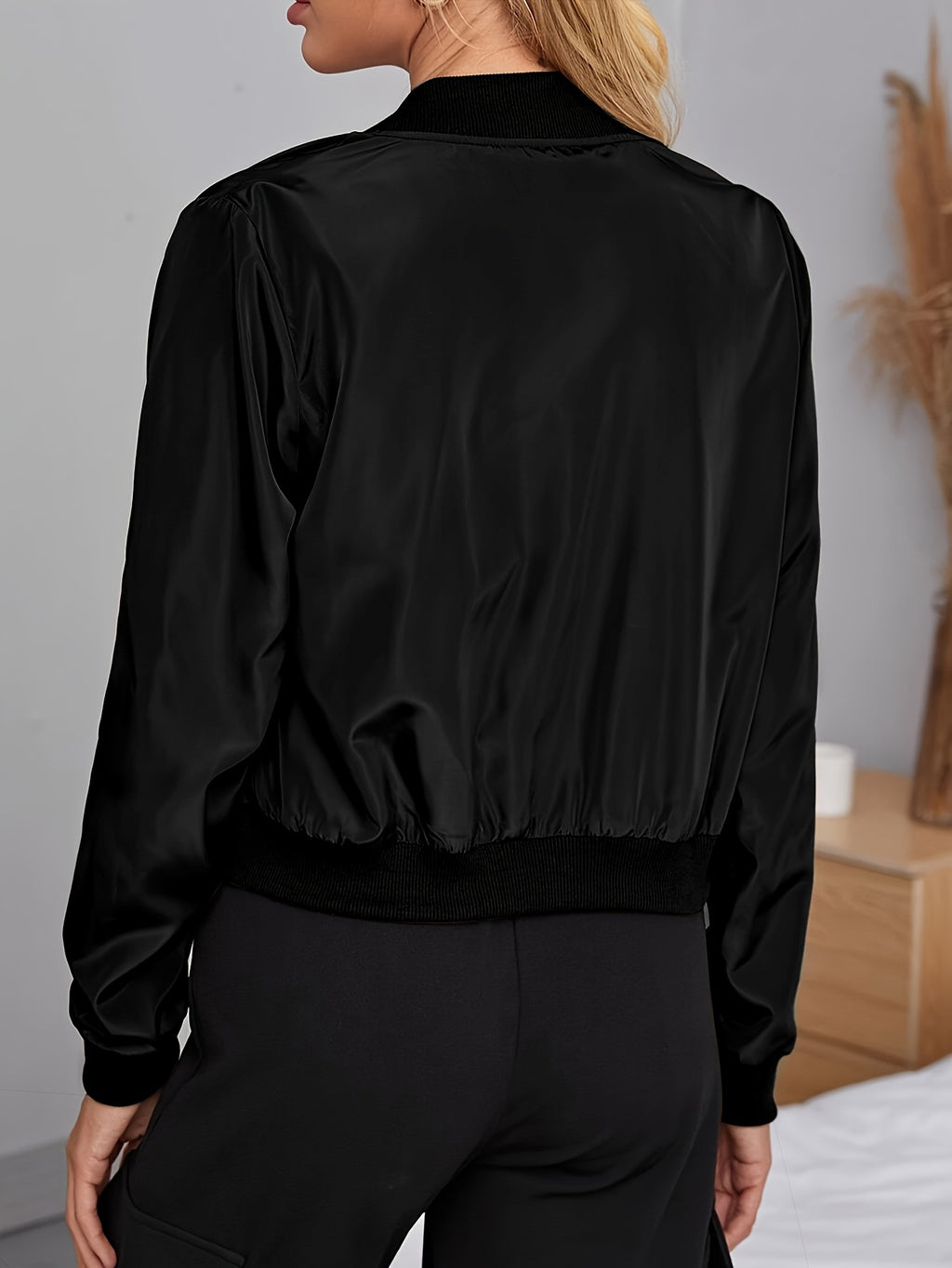 Elegant Women's Bomber Jacket - Casual Polyester, Machine Washable, Solid Color with Baseball Collar for Spring/Fall - Black