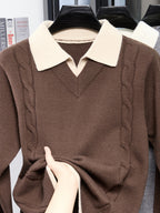 Men'S Faux Two-Piece Polo Collar Cable Knit Sweater, Slim Fit Micro Loose Style, Non-Tight, Suitable for Commute And Casual Wear - SINBOS - Coffee Color