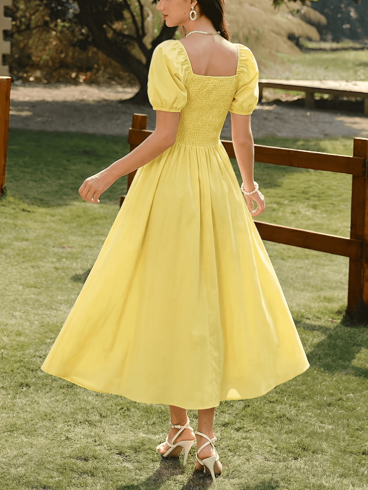 Summer Fresh Bow-Trimmed Dress, Puff Sleeve Gentle Style Vacation Long Dress, Elegant Party Dress - Yellow