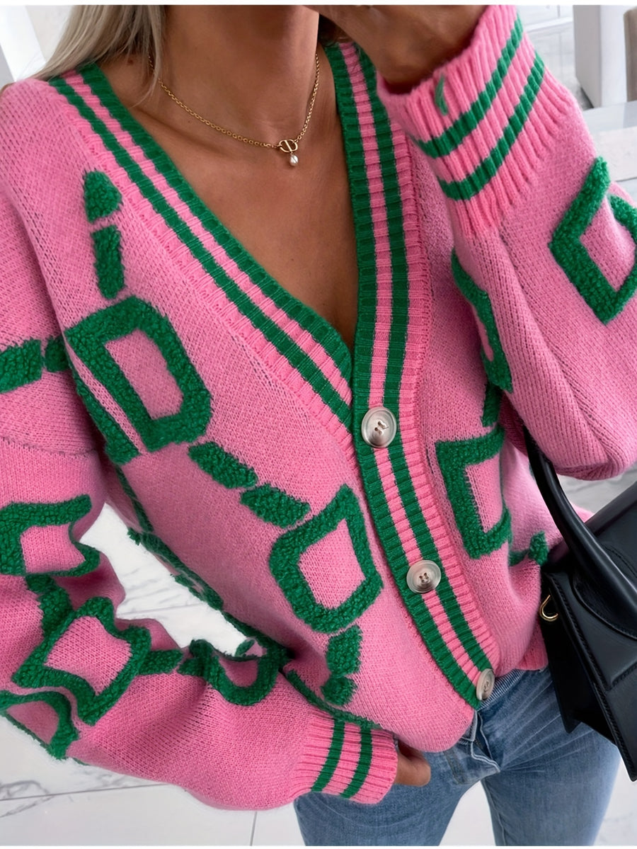 Western And American Autumn Winter New Plush Patchwork Contrast Color Sweater Cardigan Coat - Rose Red