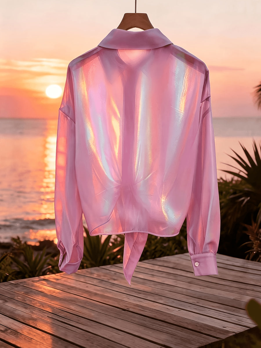 Premium Iridescent Elegant Sheer Chiffon Tie-String Casual Vacation Beautiful Blouse (Women'S Style) - Rose Red