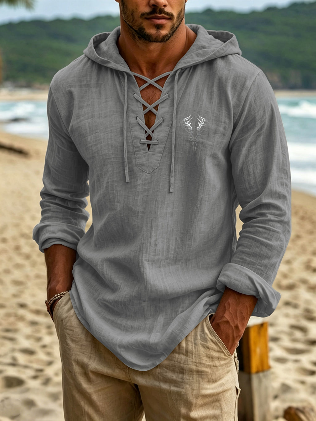 Urban Fashion Men'S Linen Hooded Long Sleeve Top, Tribal Totem Thorn Pattern As Visual Focal Point, Creative Cross-Over Tie Neckline to Avoid Monotony, Long Sleeve Hooded Combination, Creating a Easy And Premium Men'S Outfit - Dark Gray