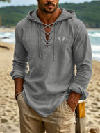 Urban Fashion Men'S Linen Hooded Long Sleeve Top, Tribal Totem Thorn Pattern As Visual Focal Point, Creative Cross-Over Tie Neckline to Avoid Monotony, Long Sleeve Hooded Combination, Creating a Easy And Premium Men'S Outfit - Dark Gray