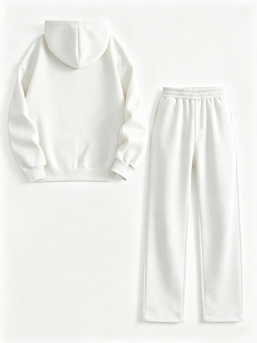Easy Cool Unicorn Silhouette Print Hoodie And Pants Set, Matching Small Pattern Design, Loose And Relaxed Fit, Comfortable Fabric, Casual Street Style Women'S Leisure Two-Piece Set - White+White