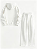 Vintage Floral English Print Hooded Sweatshirt And Wide-Leg Long Pants Set, Cool Side Lettering Design Relaxed Casual Two-Piece Set Western Style Everyday Wear for Women - White+White