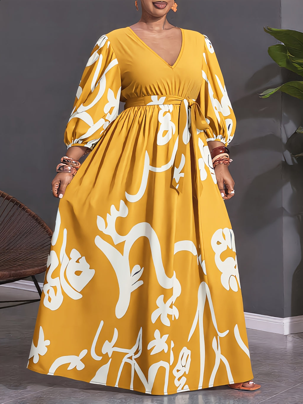 Plus Size Abstract Print V-Neck Lantern Sleeve Midi Dress, Women'S Tie-Waist A-Line Flowy Casual Party Long Dress - Yellow