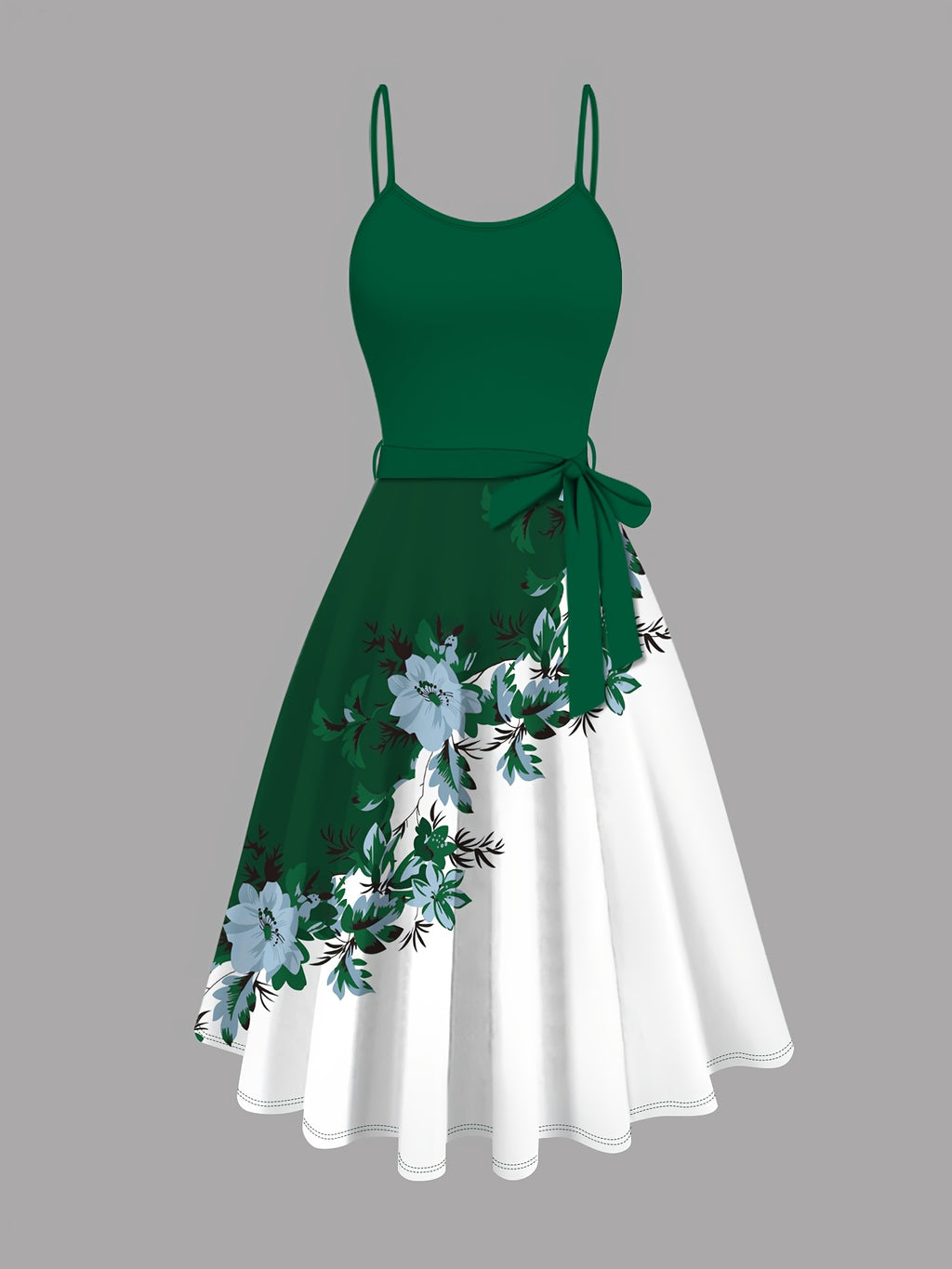 Women's Suit Blue Cardigan Jacket and Flower Print Contrasting Color Suspender Dress with Lace-up 2pcs Set Temperament Daily Party Ladies' Clothing - Green