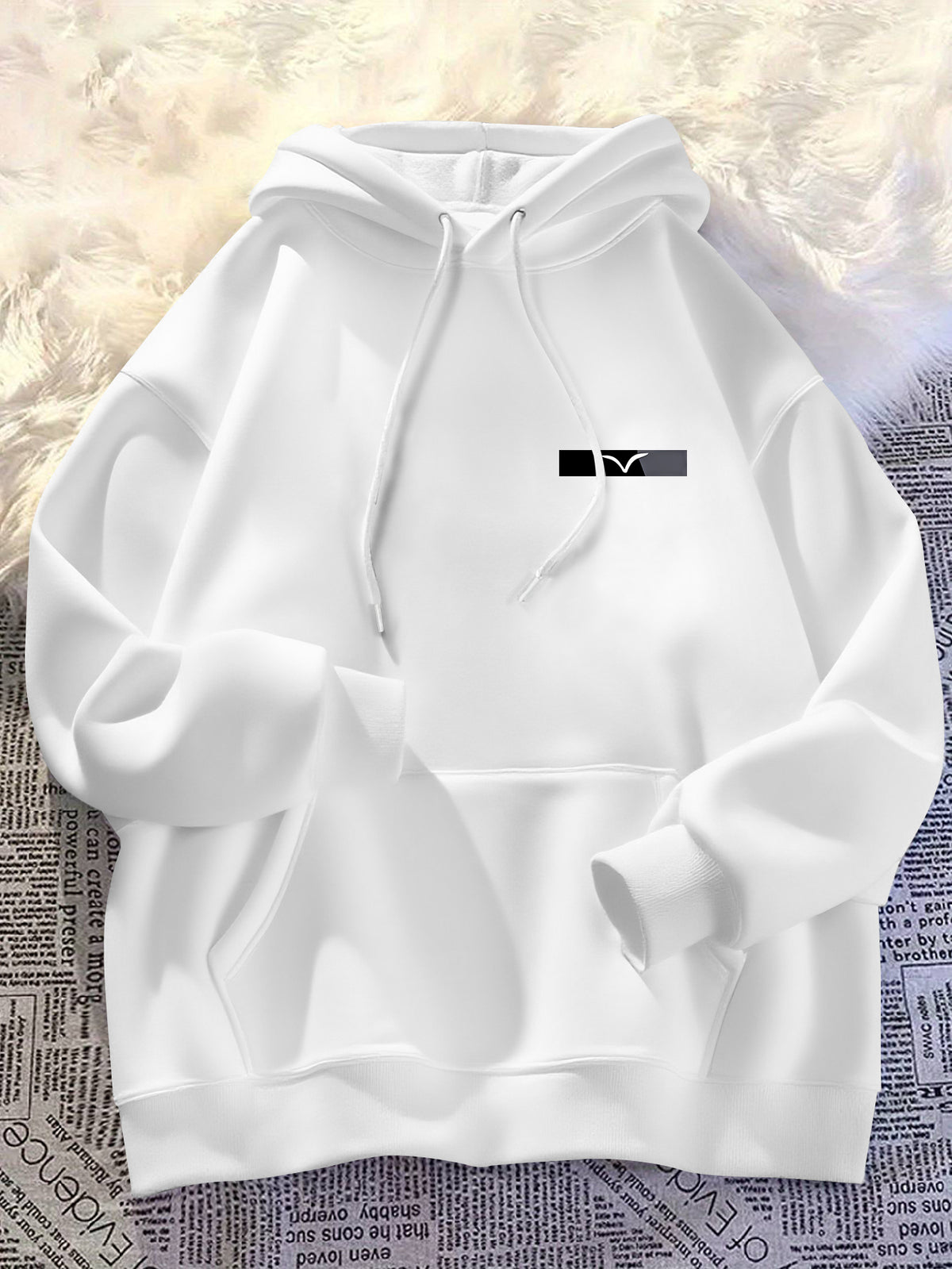 Men'S Chest Mini Small Label Print Hooded Sweatshirt Basic All-Match Men'S Black Pullover Long Sleeve Hoodie - White