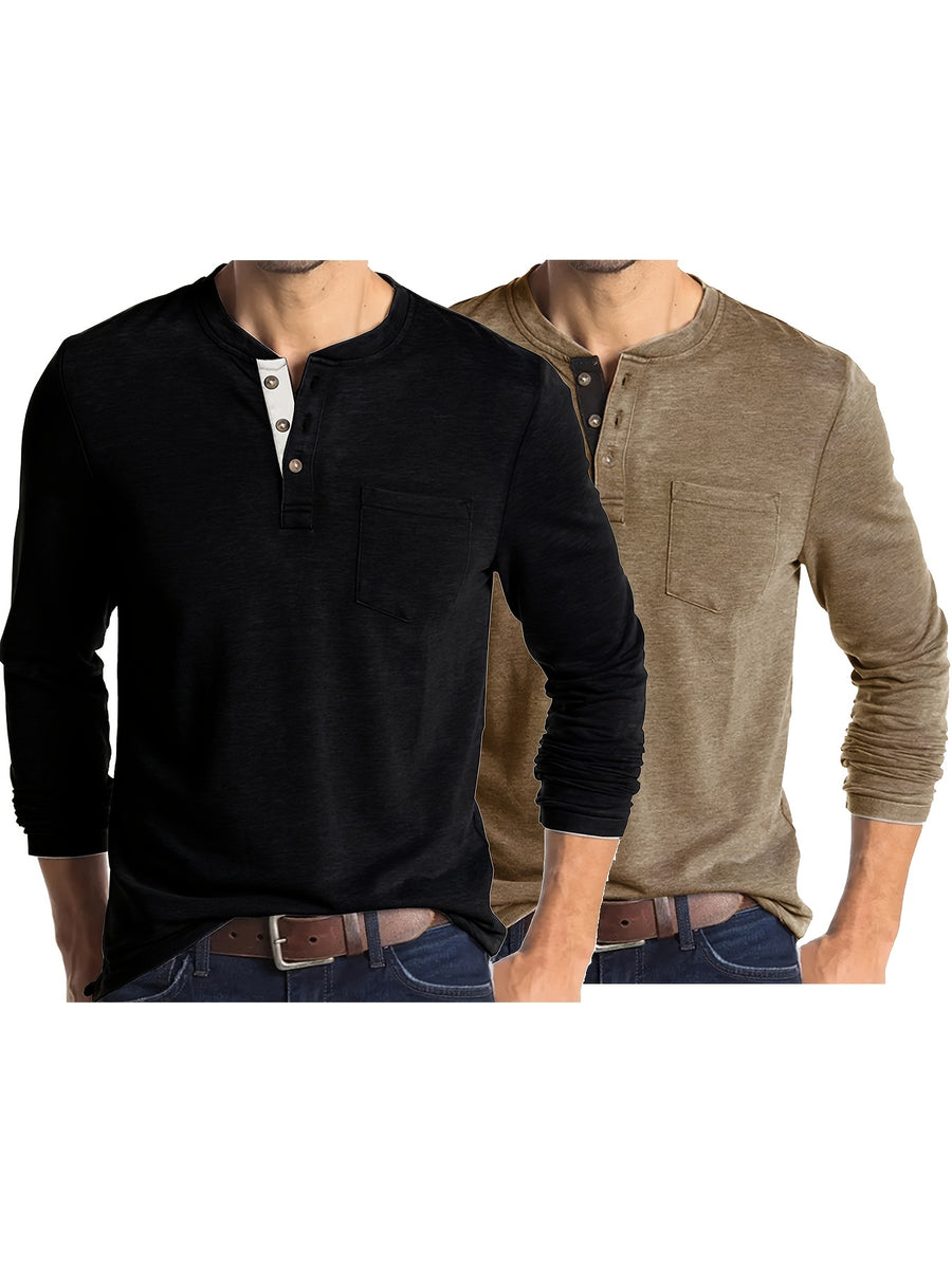 Joshmei OBM Men's Long Sleeve Crew Neck Henley Shirt Two-pc - black khaki 1