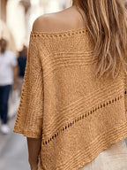 Women'S Hollow-Out Poncho Top, Boat Neck Irregular Hem Summer Beach Cover-Up, Seaside Bohemian Vacation Style Casual Top, Lightweight Breathable Loose Sweater, Mesh Detail Striped Design, Relaxed Layering Style, Suitable for Holiday, Daily Wear - Rust