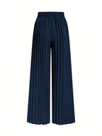 ASD1 Women's New Elegant Solid Color Stretch Waist Pleated Wide-Leg Pants, Designed Specifically for Commuting, Belt Not Included - Navy Color