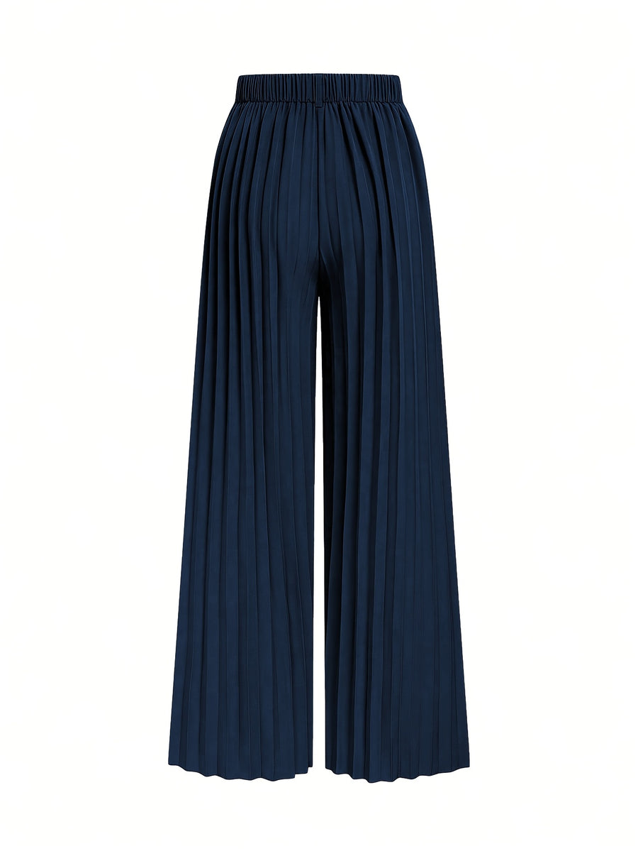 ASD1 Women's New Elegant Solid Color Stretch Waist Pleated Wide-Leg Pants, Designed Specifically for Commuting, Belt Not Included - Navy Color