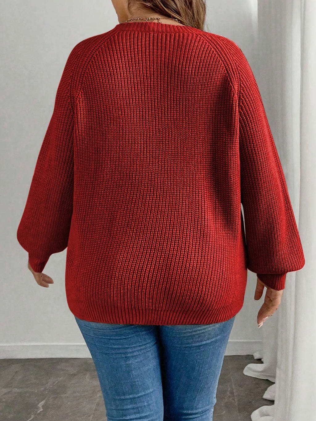 Elegant Long Sleeve Autumn/Winter Sweater with Butterfly Pattern | Crew Neck, Solid Color - Red