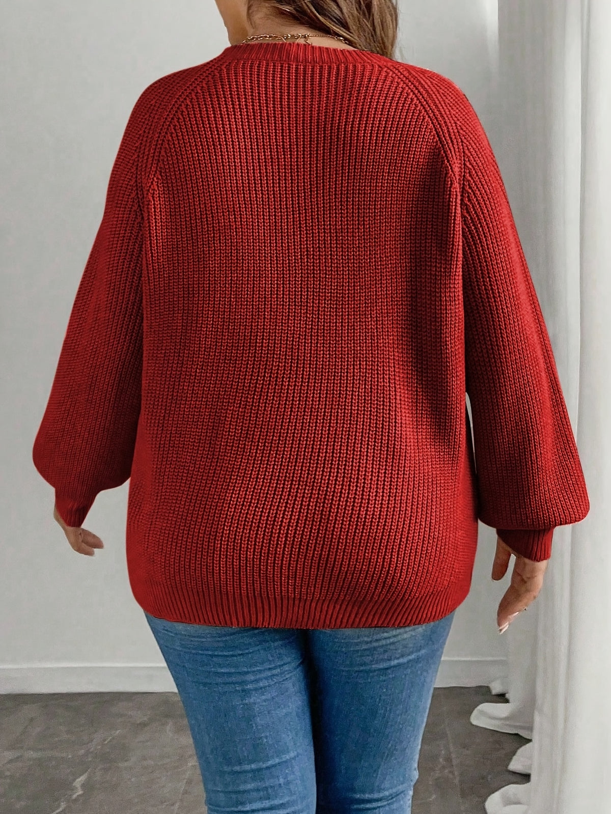 Elegant Long Sleeve Autumn/Winter Sweater with Butterfly Pattern | Crew Neck, Solid Color - Red