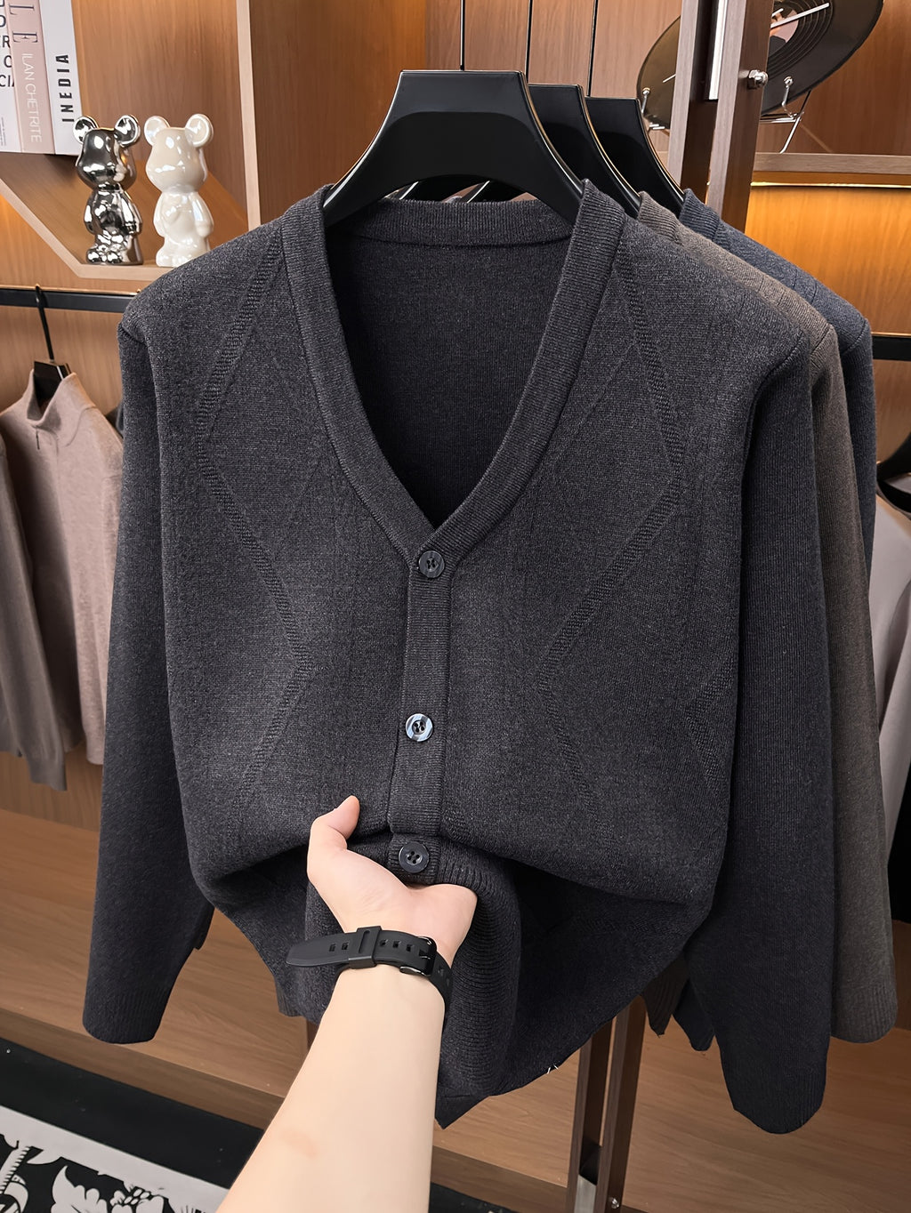 Men'S Knit Warm New Cardigan Jacket - Black