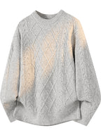 Men's Heavyweight Chunky Cable Knit Sweater - Vintage Chunky Twist Cable & Diamond Pattern Sweater, Loose Fit Warm Crewneck Pullover, Hand Washable Winter Sweater Suitable for Autumn and Winter Casual Wear, Non- Jumper - Light Grey