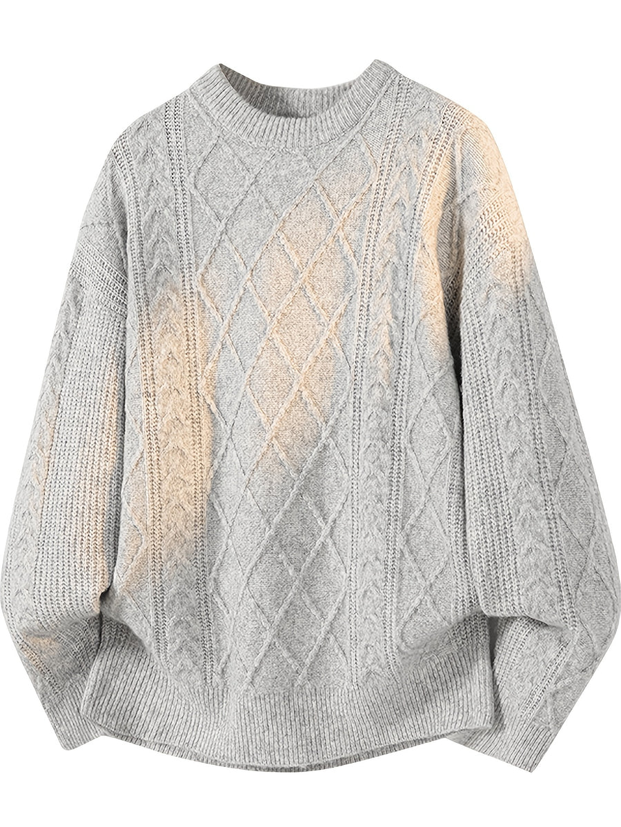 Men's Heavyweight Chunky Cable Knit Sweater - Vintage Chunky Twist Cable & Diamond Pattern Sweater, Loose Fit Warm Crewneck Pullover, Hand Washable Winter Sweater Suitable for Autumn and Winter Casual Wear, Non- Jumper - Light Grey