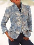 Retro Autumn Winter Fashion Single-Button Swirl Pattern Cashew Print Small Stand-Up Collar Women'S Long Sleeve Jacket Blazer - Multicolor