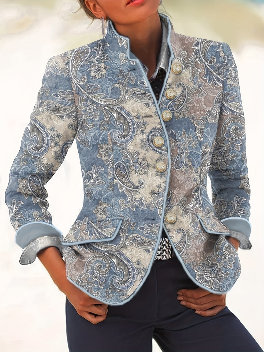Retro Autumn Winter Fashion Single-Button Swirl Pattern Cashew Print Small Stand-Up Collar Women'S Long Sleeve Jacket Blazer - Multicolor