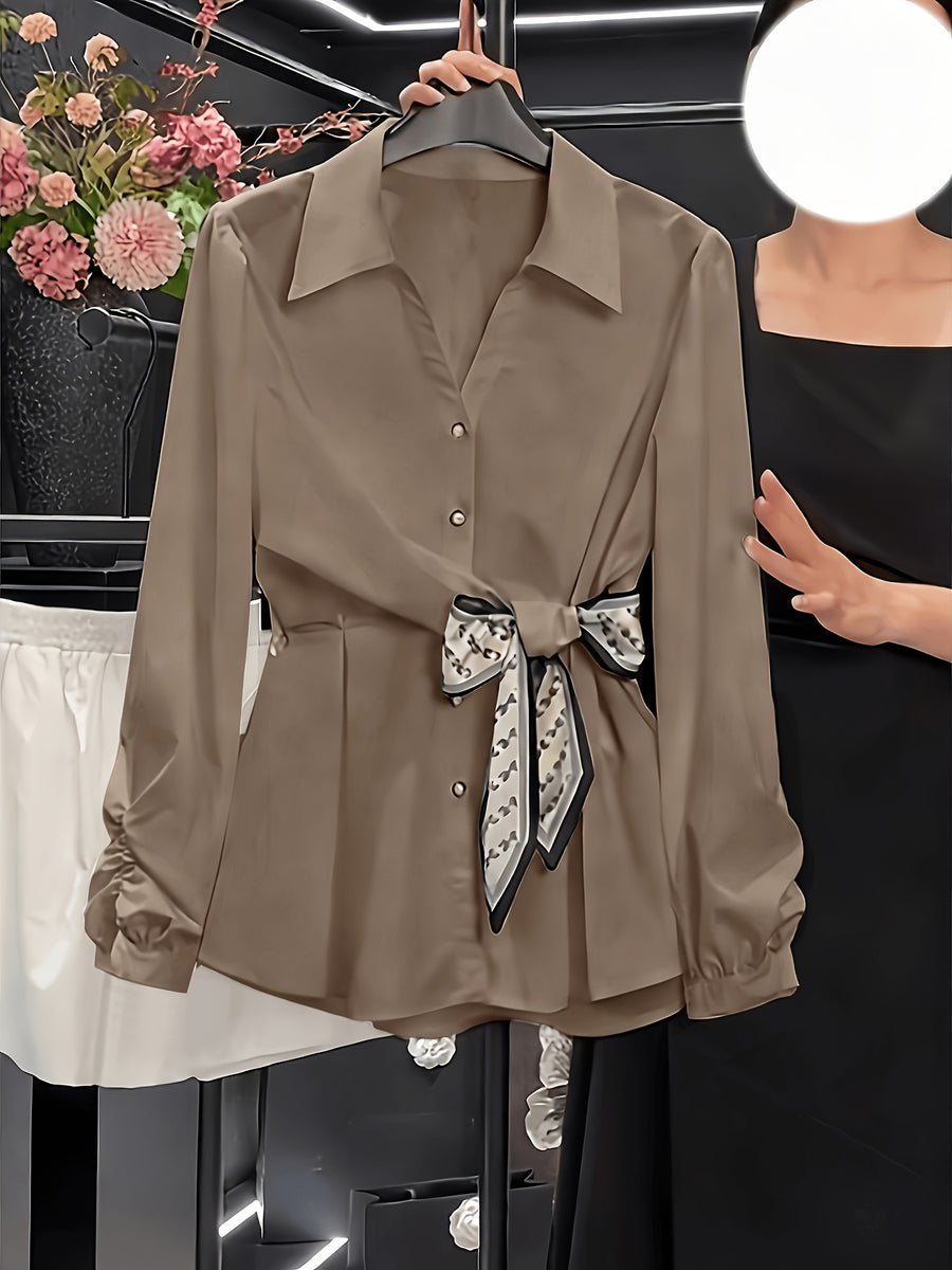 High-End Feel Commuter Versatile Exquisite Women's Shirt, Spring/Summer New Arrival Long-Sleeve Top, Waist-Cinching Stylish Blouse - Camel