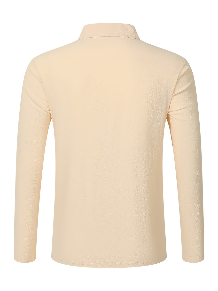 Autumn Men's Polo Shirt, Half-Button Henry Collar Long Sleeve Top with Simple Chest Pocket, Suitable for Business, Office, and Daily Wear - Khaki