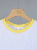 20pcs Women's Colorblock T-Shirt Single Piece, Hand-Drawn Line Art Couple Holding Hands with Heart Print, Colorblock Summer  Sleeve Crew Neck Short Sleeve T-Shirt - Breathable Crew Neck Casual Sport Top, Loose Fit Spring Festival Trendy Apparel - Yellow + White
