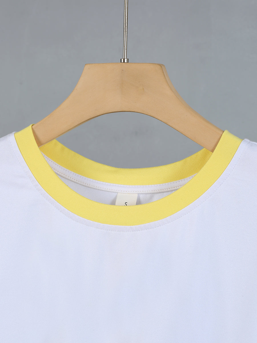20pcs Women's Colorblock T-Shirt Single Piece, Hand-Drawn Line Art Couple Holding Hands with Heart Print, Colorblock Summer  Sleeve Crew Neck Short Sleeve T-Shirt - Breathable Crew Neck Casual Sport Top, Loose Fit Spring Festival Trendy Apparel - Yellow + White