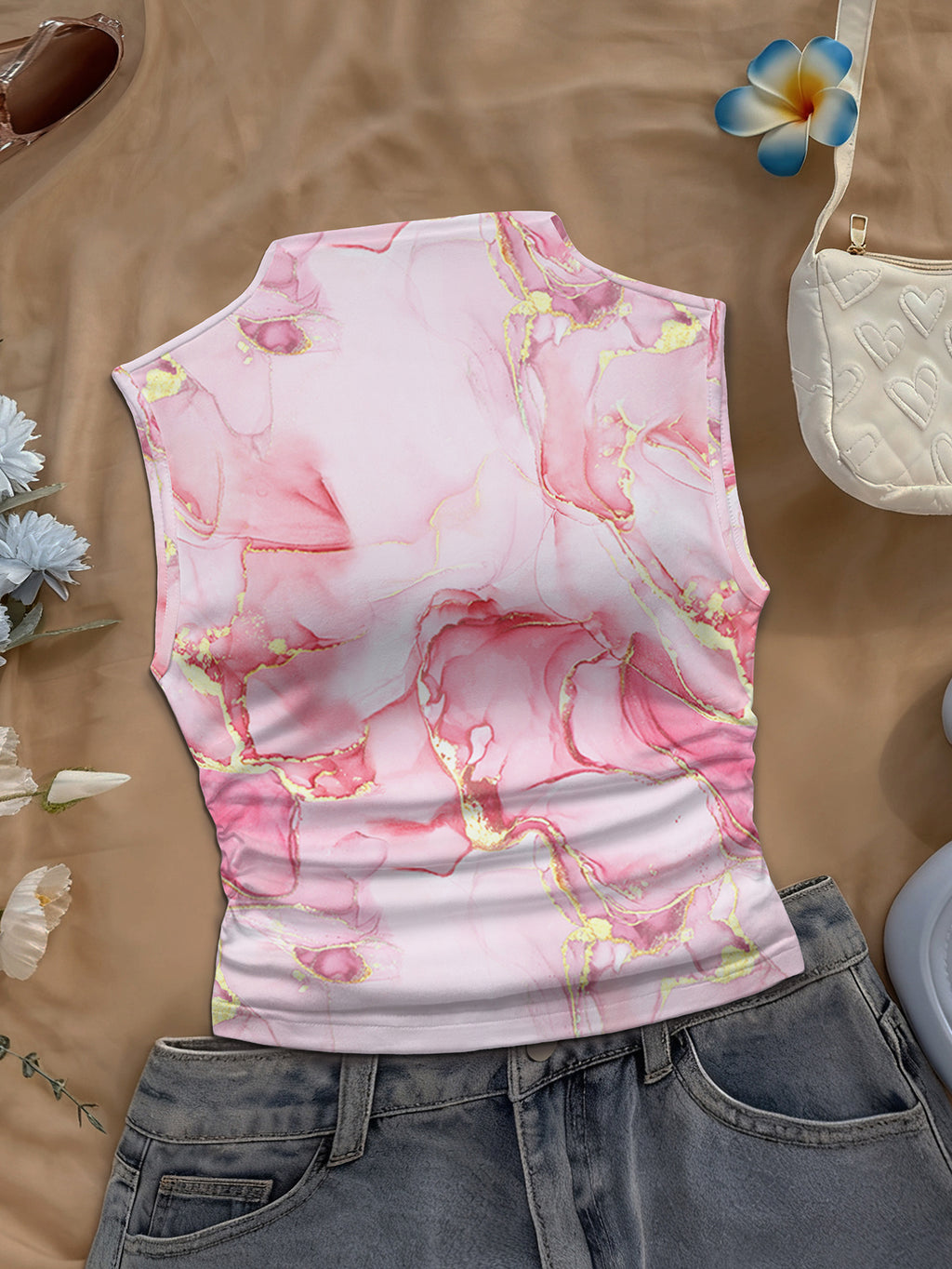 Women's Spring/Summer New Arrival Special Vintage Daily Casual Print Mock Neck Sleeveless Fitted Tank Top - Pink