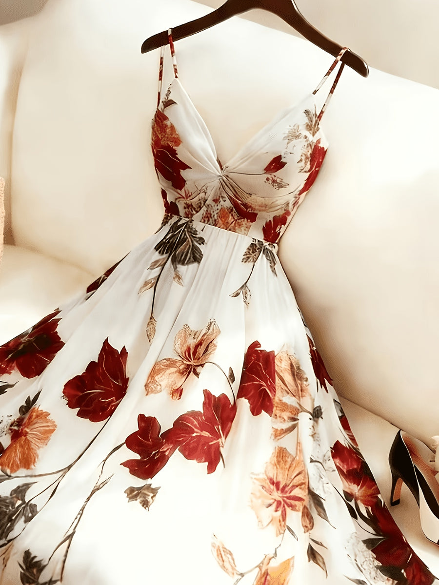 Women's New Summer Casual French-Style Romantic Floral Print Waist-Cinching A-Line Long Camisole Dress, Suitable for Beach, Cruise, City Break, Dating, Music Festival, and Other Occasions. Women's Camisole/Wrap/Front Chest Ruched Detail/Bust - Multicolor