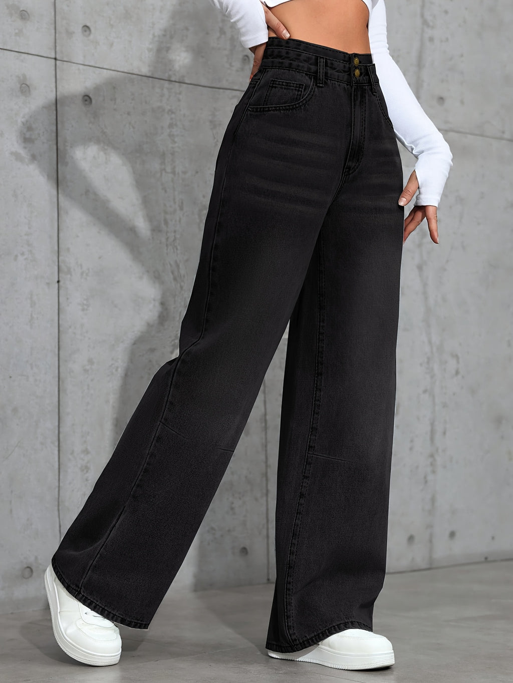 Breast Design Retro Black Jeans Women'S Fall Boyfriend Style Straight Leg Loose Casual Wide Leg Pants Halloween Denim Jeans - Black