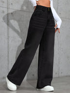 Breast Design Retro Black Jeans Women'S Fall Boyfriend Style Straight Leg Loose Casual Wide Leg Pants Halloween Denim Jeans - Black