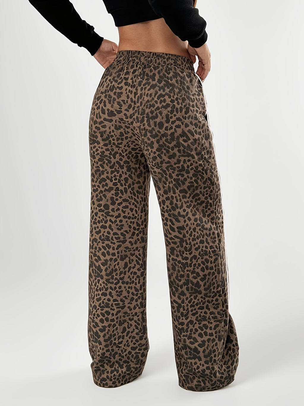 1pc Women's Wide-Leg Trousers with Elastic Waist & Vintage Leopard Print - Double-Bar Wide Pants Suitable for Fitness, Gym, Casual Wear, Smooth Breathable Fabric, Spring Summer Fall Outfits, Machine Washable for Daily Outings - Leopard Print