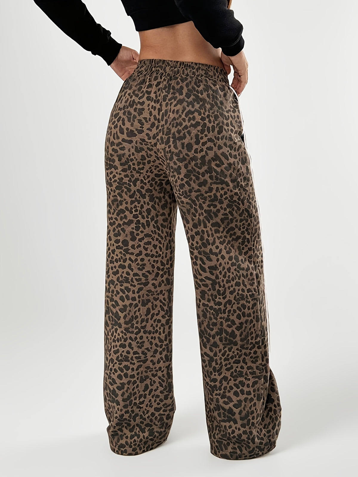 1pc Women's Wide-Leg Trousers with Elastic Waist & Vintage Leopard Print - Double-Bar Wide Pants Suitable for Fitness, Gym, Casual Wear, Smooth Breathable Fabric, Spring Summer Fall Outfits, Machine Washable for Daily Outings - Leopard Print
