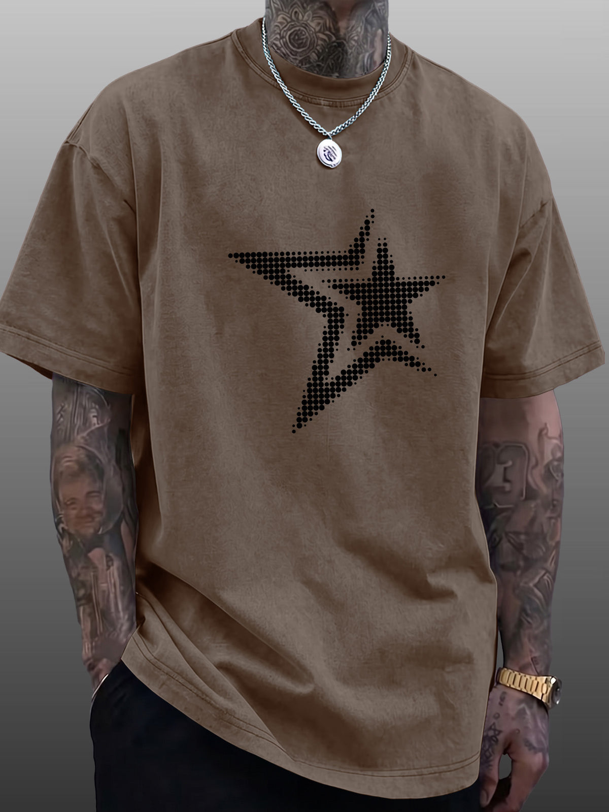 Men's Short-Sleeve T-Shirt, Pure Cotton Loose Fit Washed Distressed Half-Sleeve Top, Dot Matrix Overlapping Double Five-Star Trendy Reverse Double-Sided Print, Multiple Colors for  Mix & Match, American Streetwear High Street Hip-Hop Y2K National - Brown
