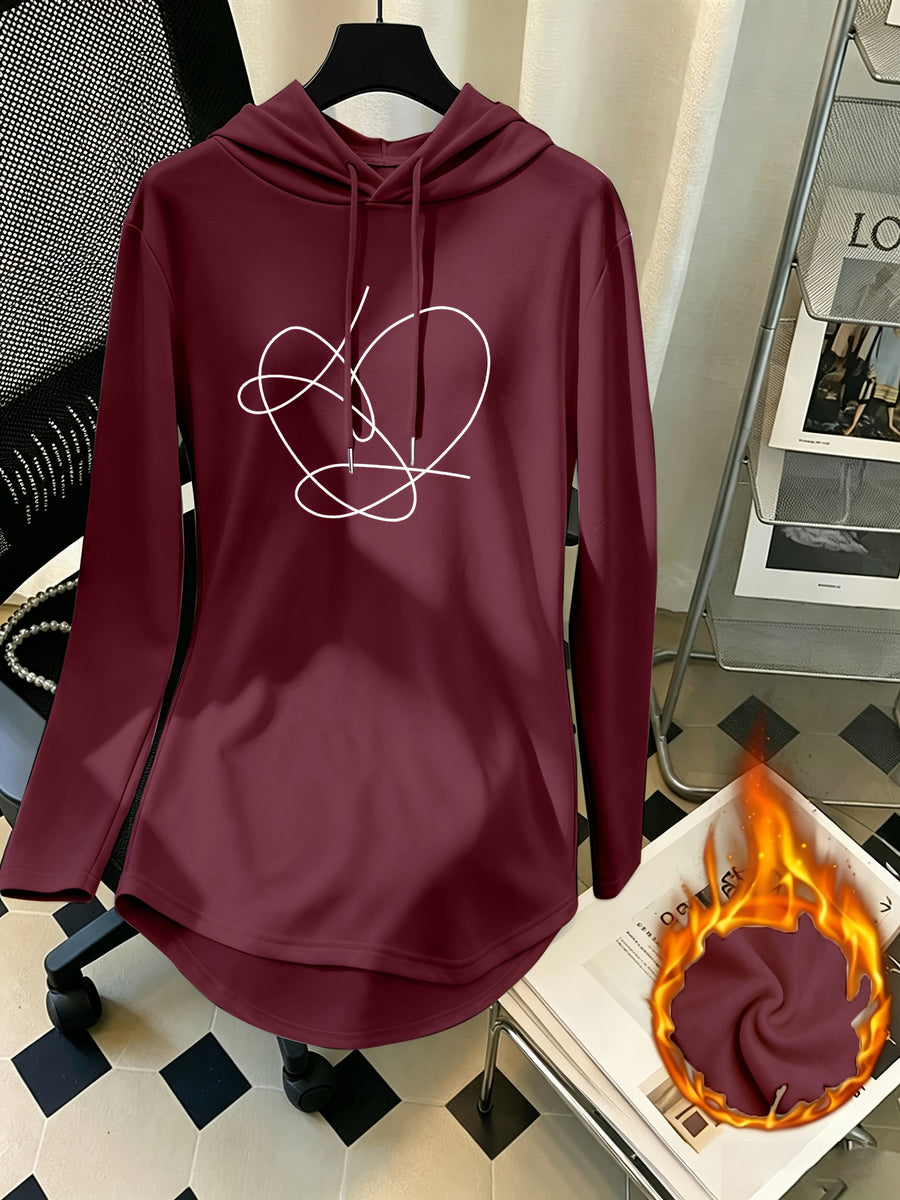 Women's Mid-Length Hooded Sweatshirt, Loose Fit, Hip-Covering, Heart Print, Drawstring Pullover Top - Burgundy