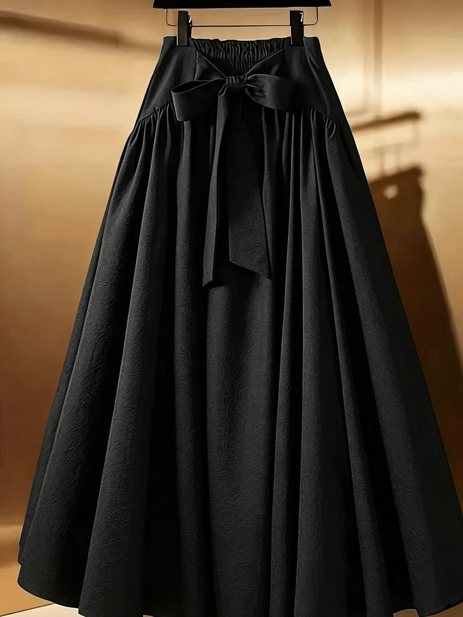 Women'S Elegant High-Waist Bow A-Line Trumpet Midi Dress - Black