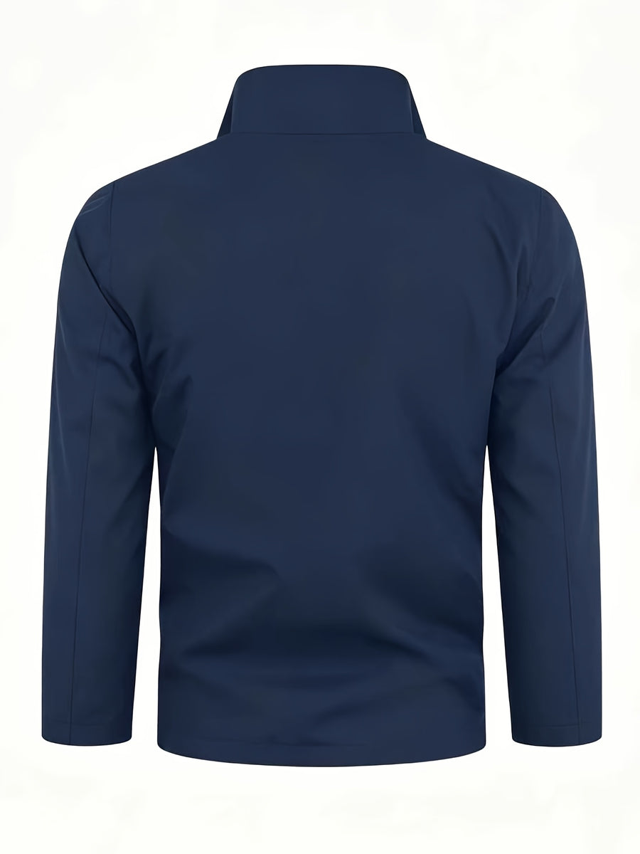 Simple Large "R" Letter Navy Blue Lined White Full-Zip Stand Collar Windproof Jacket for Men and Women, Spring/Autumn Multi-Pocket Trendy Casual Outdoor Windbreaker - Navy Color