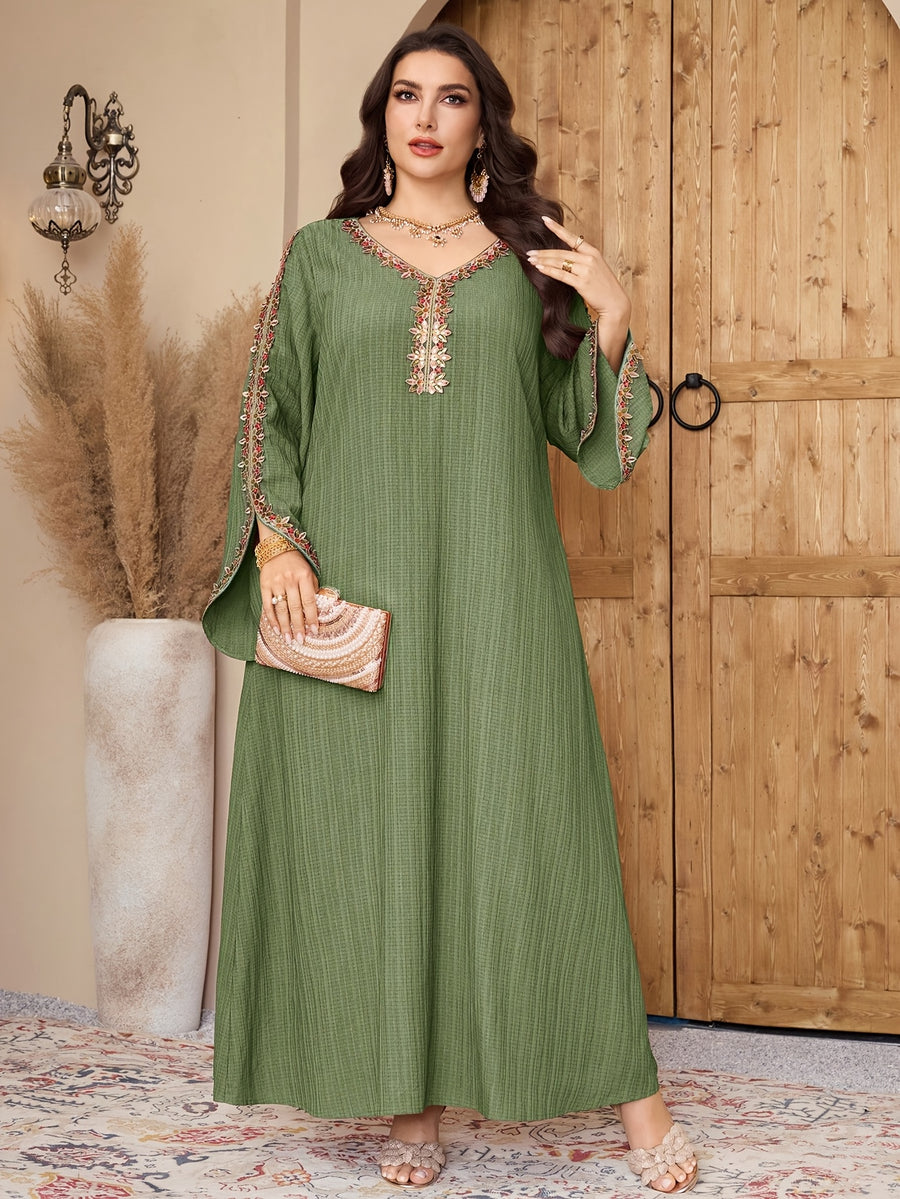 Elegant V-Neck -Line Maxi Dress with Bell Sleeves & Floral Embroidery - Loose Fit -Length Dress Suitable for Weddings, Parties, Special Occasions, Machine Washable Solid Color Dress - Matcha Color