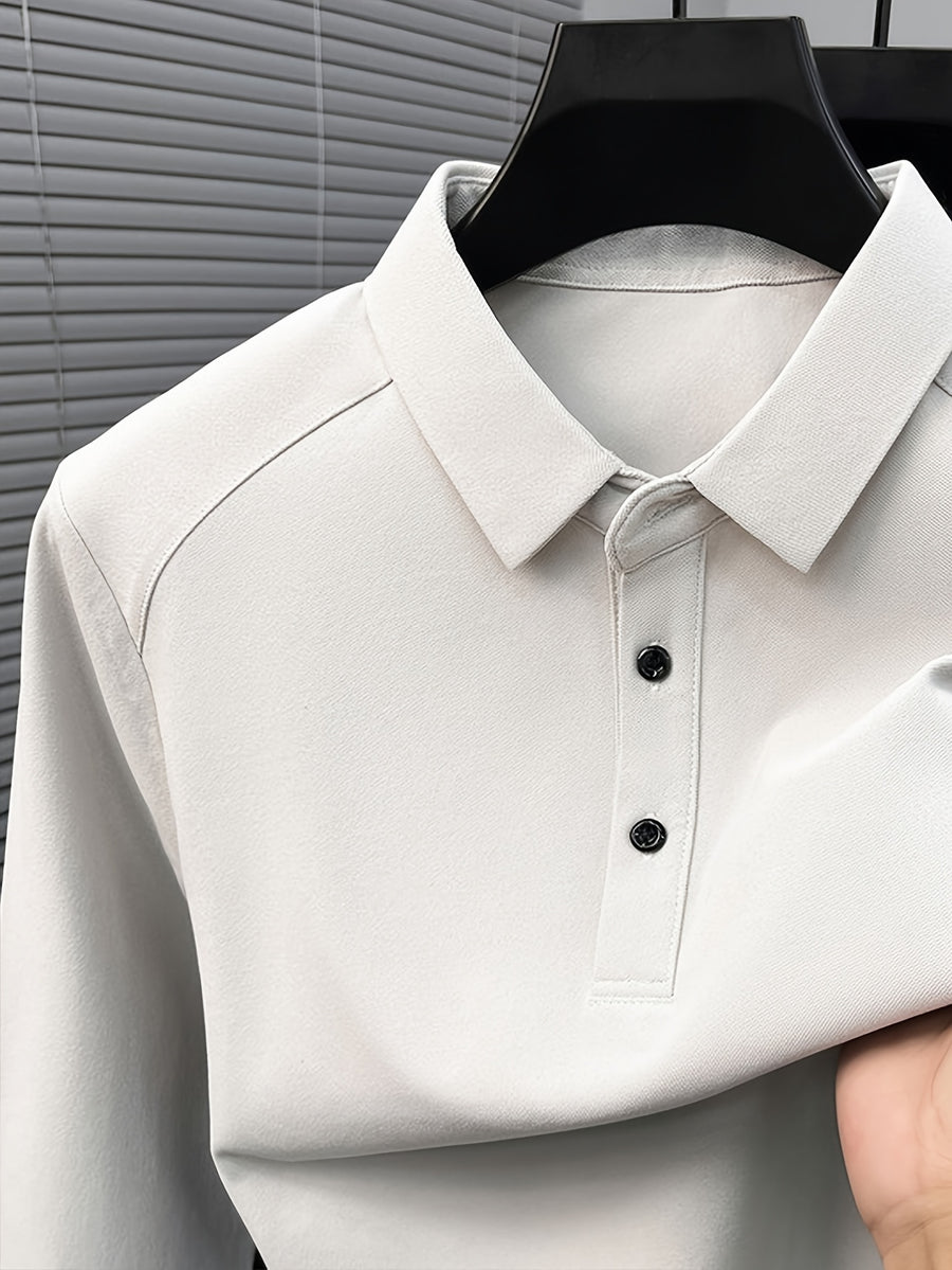 Men'S Raglan Sleeve Long Sleeve Polo Shirt, Relaxed Fit Cut, Unrestricted Movement, Loose Non-Tight Fit, Easy Business Style, No Extra Logos - SINBOS - Light Grey