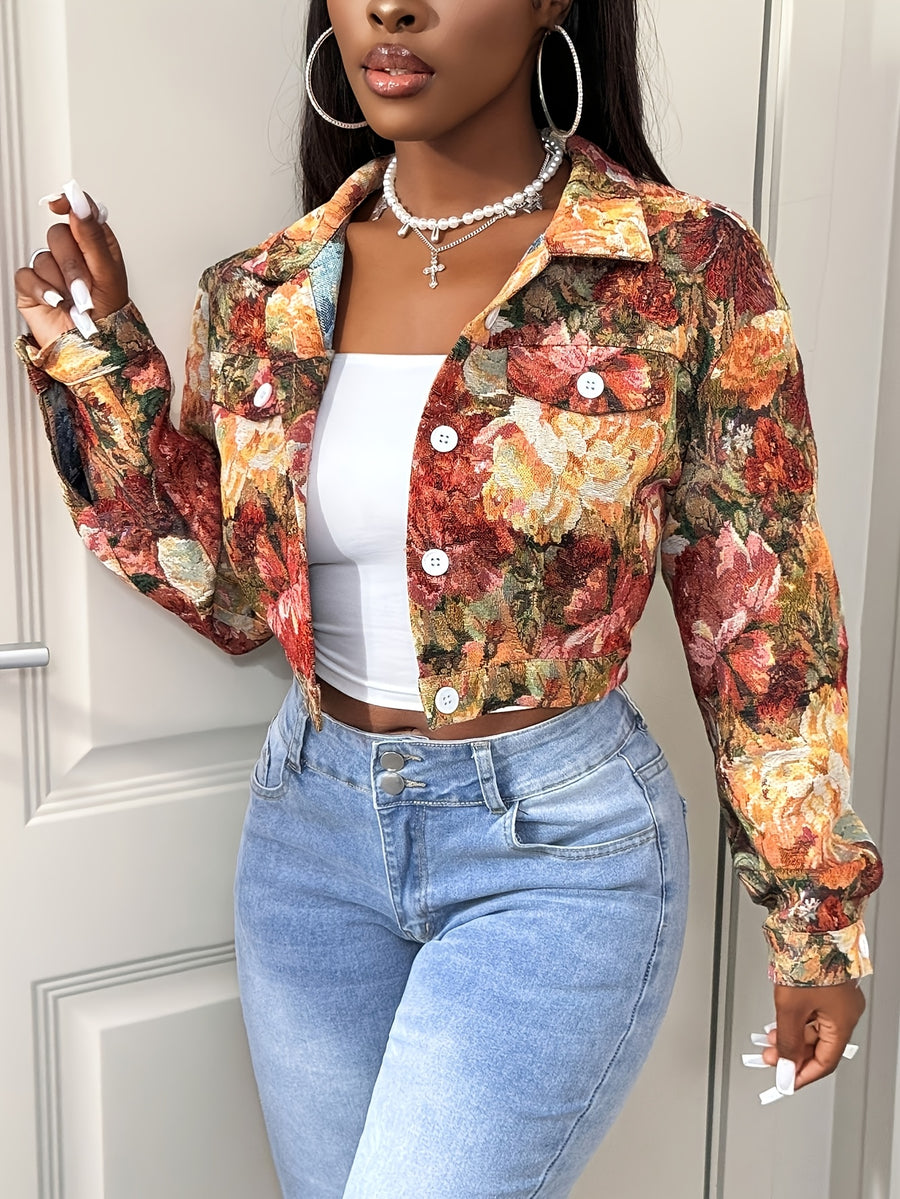 Women's Spring/Autumn Elegant Floral Embroidered Jacket, Fashionable Commuter Lapel Short Outerwear, Casual Floral Front Button Flap Cardigan, Versatile Top - Multicolor