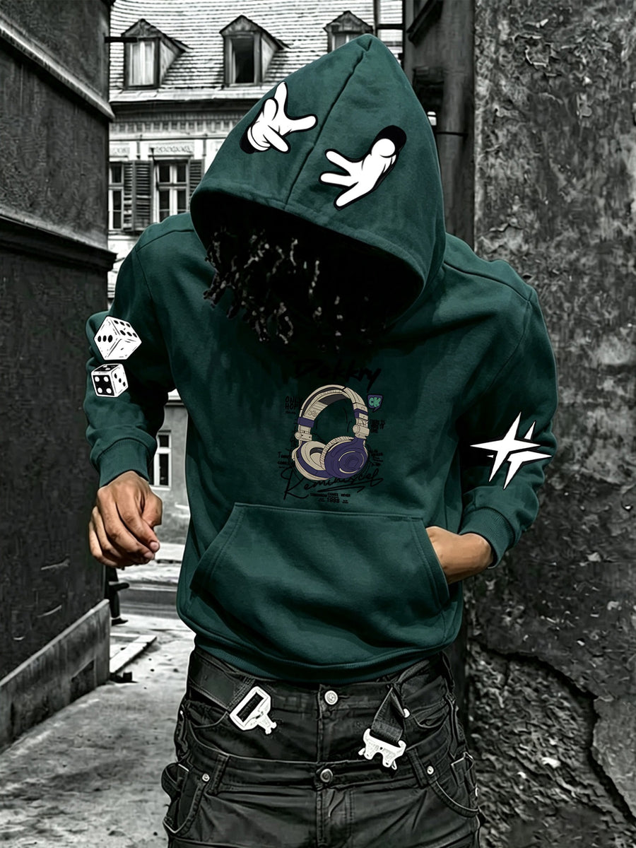 Autumn/Winter Men's Sweatshirt, Vintage Over-Ear Headphones Graffiti Letter Print Hoodie, Street Style Men's Hooded Sweatshirt, Casual and Versatile Fit, Suitable for Daily Wear, Casual and Sporty Outfits, Men's Autumn/Winter Essential Hoodie - Blackish Green