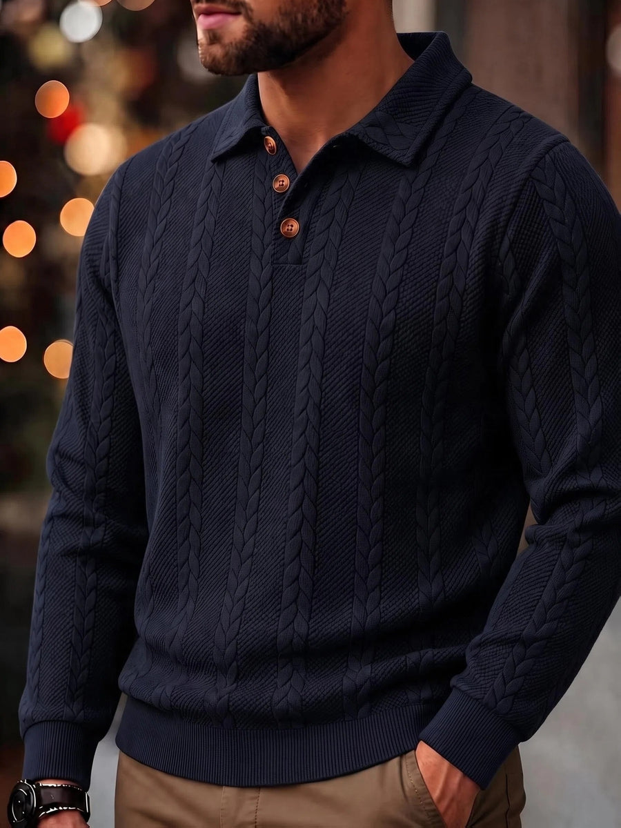 1pc Men's Striped Jacquard Long-Sleeve Polo Shirt, Autumn/Winter Textured Vintage Style Outdoor Casual Henley Top - Navy Color