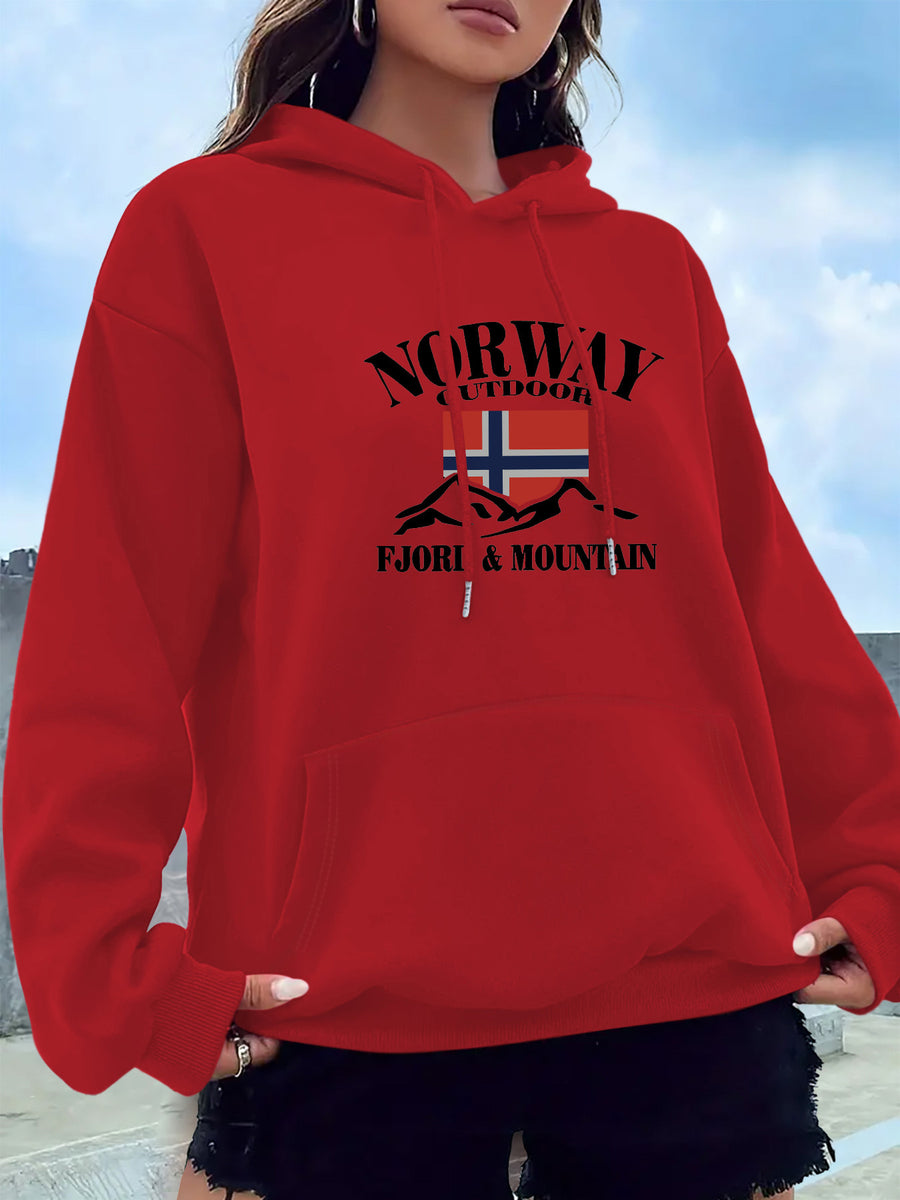 2025 New Women's American Fashion Casual Norwegian Outdoor Letter Print Hoodie with Kangaroo Pocket and Drawstring, 100% Polyester Fabric, Machine Washable, All-Season Y Sweatshirt - Red
