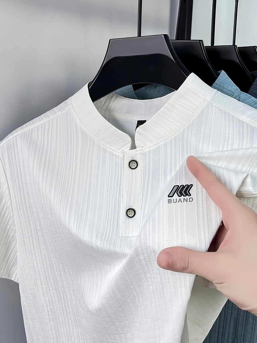 Men's Summer Short-Sleeve Henley Neck T-Shirt - Breathable Base Layer Shirt with Asymmetric Collar, Stand Collar Suitable for Business Casual Wear, Machine Washable Solid Color Top for Office, Outdoor & Daily Work Scenes - White