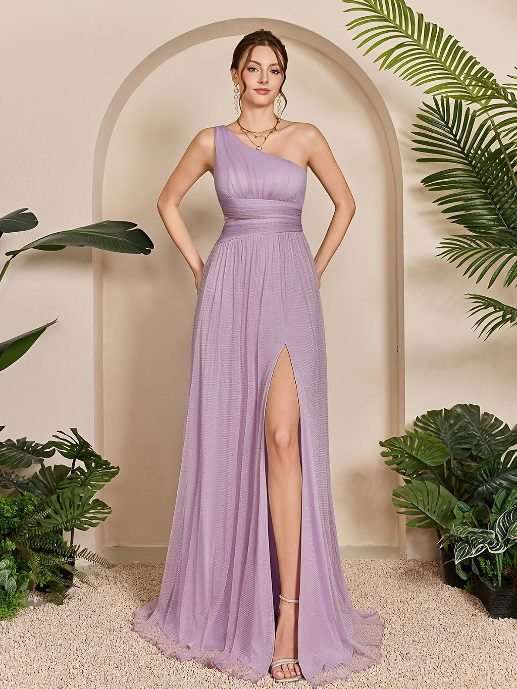 Elegant Directional Pleated Slit Evening Gown, Women'S Evening Dress, Party Dress, Graceful Dress, Unique Design, Exquisite Fabric, Long Dress, Formal Wear, Women'S Fashion - Light Purple