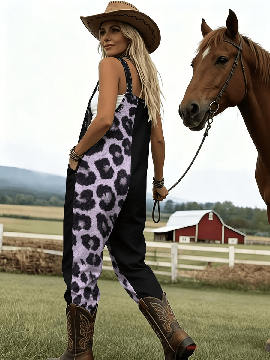 Retro-Style Sexy Overalls with Half Leopard Print And Half Black Patchwork Design, Women'S Wide-Leg Jumpsuit with Fold-Up Cuffs And Pockets, Perfect for Everyday Wear, Outings, And Workwear - Black And Purple Stitching