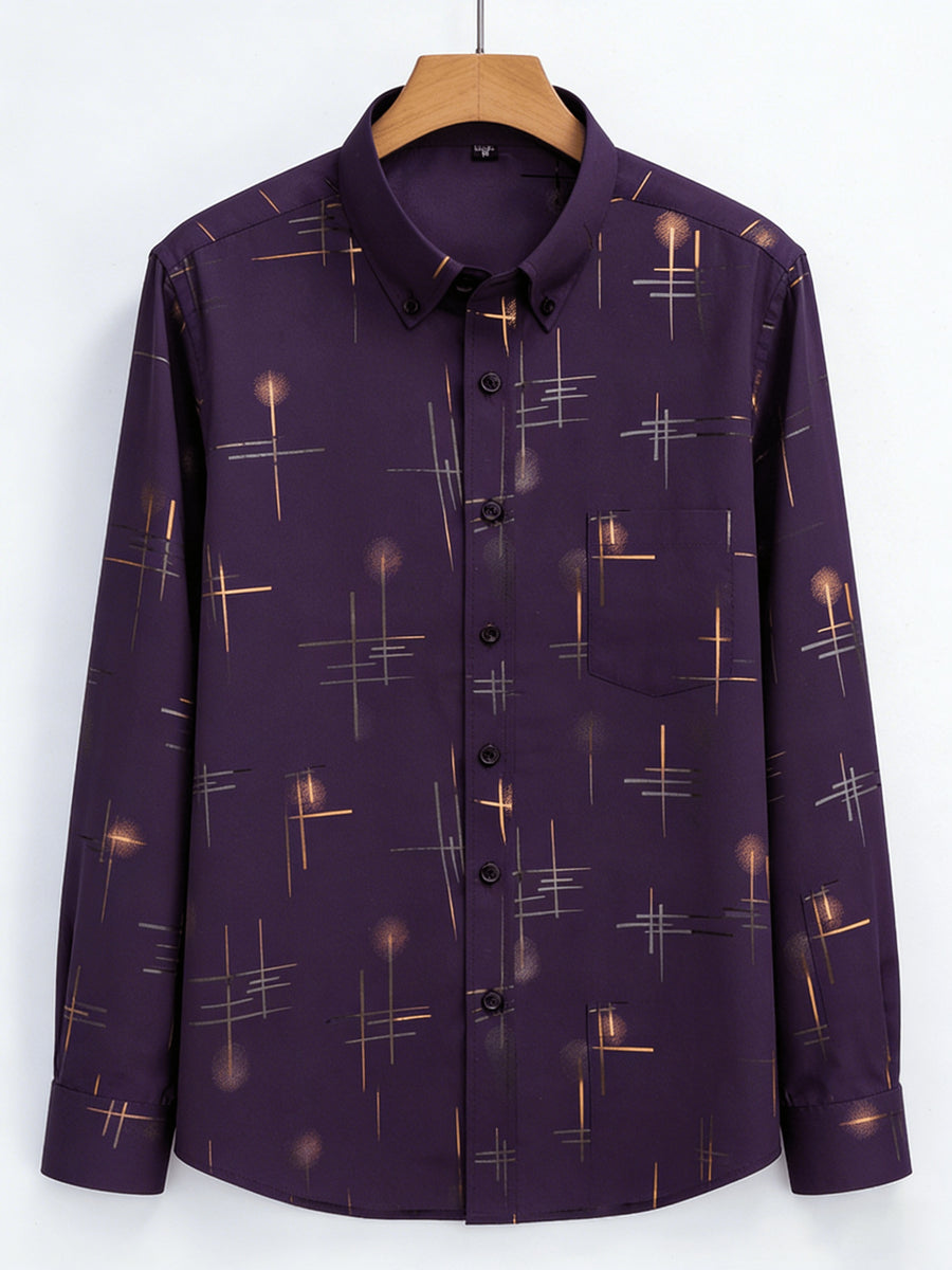 Men'S Long-Sleeve Shirt with Bronzing Print, Business Casual Wrinkle-Resistant Shirt, Light Luxury Versatile Top for Middle-Aged And Young Men - Purple
