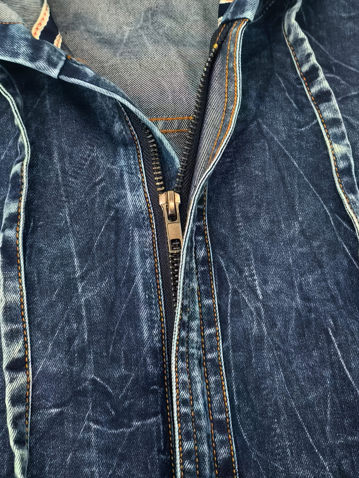 Original New Style Men'S Hooded Denim Shirt, Spring Autumn Tie-Dye Denim Jacket, American Retro Handmade Washed Distressed Texture Design, Zippered Long Sleeve Denim Coat, Casual Versatile Fit - Navy Color