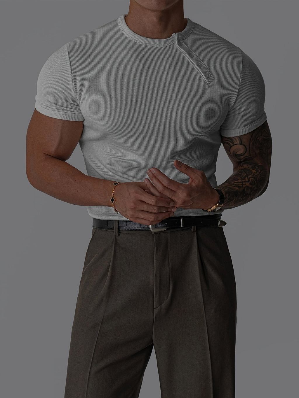 [Shule Water OBM] Men'S Ribbed Henley T-Shirt, Short Sleeve Slim Fit Base Layer Top, Textured Street Style Shirt, Fitness Commute Versatile Style, 2026 Summer New - White